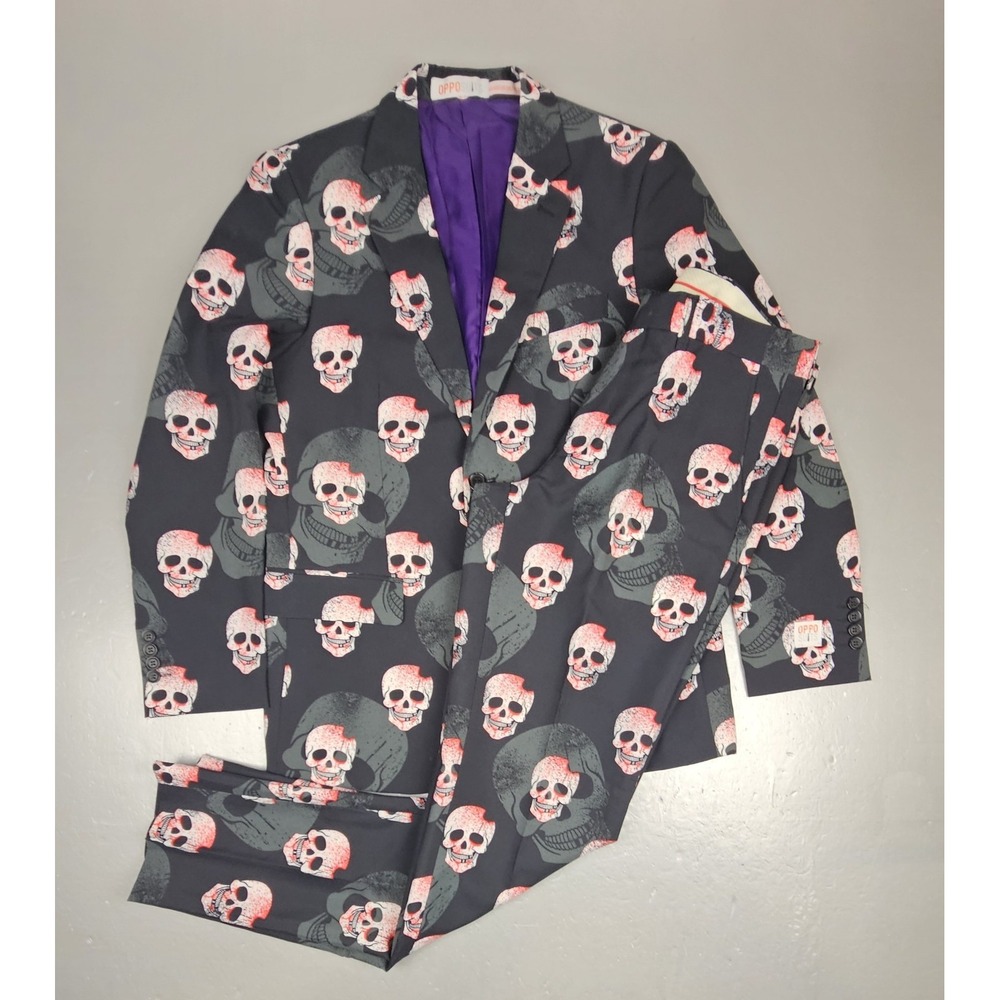 Opposuits Two Piece Suit‎ Mens 38R, Pants 32x33 Black Skulls Goar Goth Halloween